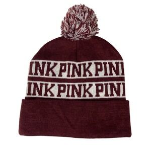 Victoria's Secret PINK Burgundy Knit Pom Beanie Hat Winter One Size